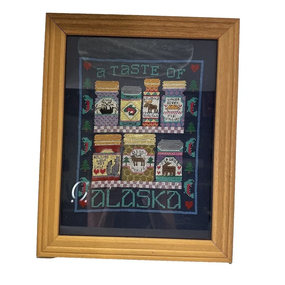 VTG A Taste of Alaska Framed Cross Stitch Wall Art Handmade Cabin Decor‎ 15x12